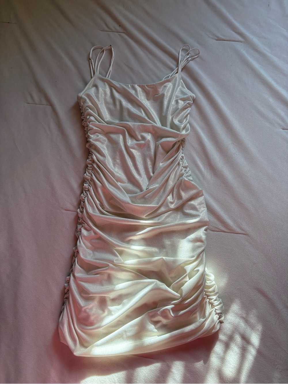 Lucy in the Sky Pearl White Satin Ruched Mini Dress